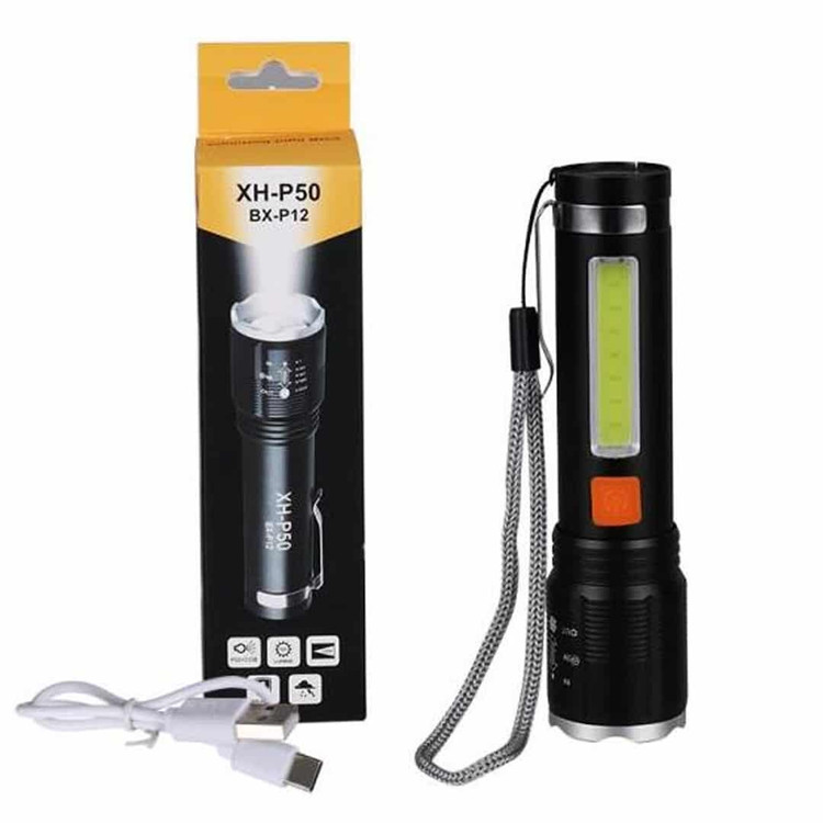 چراغ قوه UV زوم دار با چراغ بغل COB مدل XH-P50